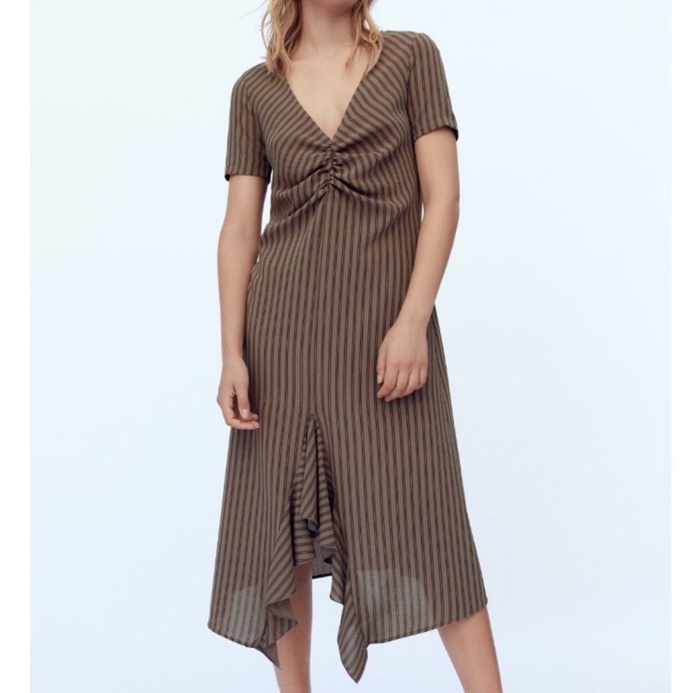 Zara Ruched Stripe V-Neck Midi Long Dress